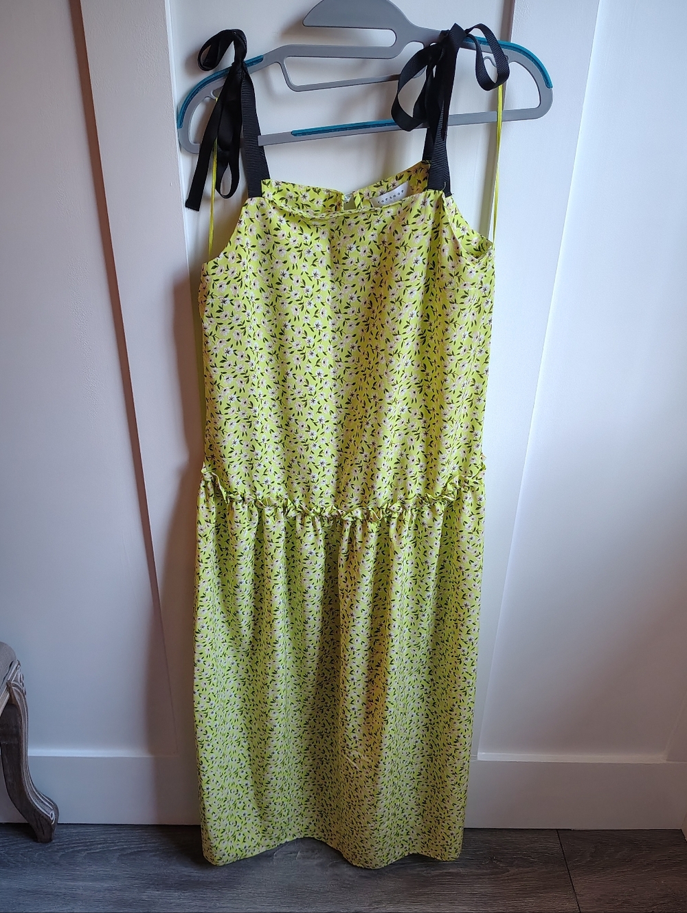 Topshop Lime Green Floral Dress with Black Tie Straps